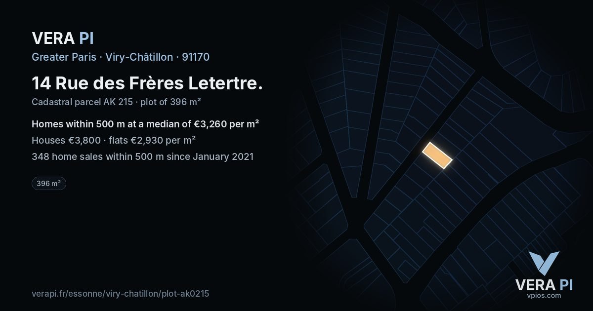 14 Rue des Frères Letertre, Viry-Châtillon at night – the plot lit, the parcels around coloured by the prices near them