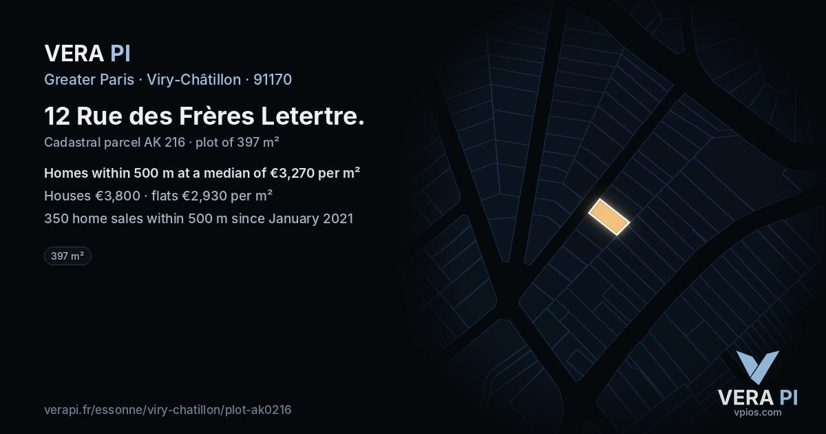 12 Rue des Frères Letertre, Viry-Châtillon at night – the plot lit, the parcels around coloured by the prices near them
