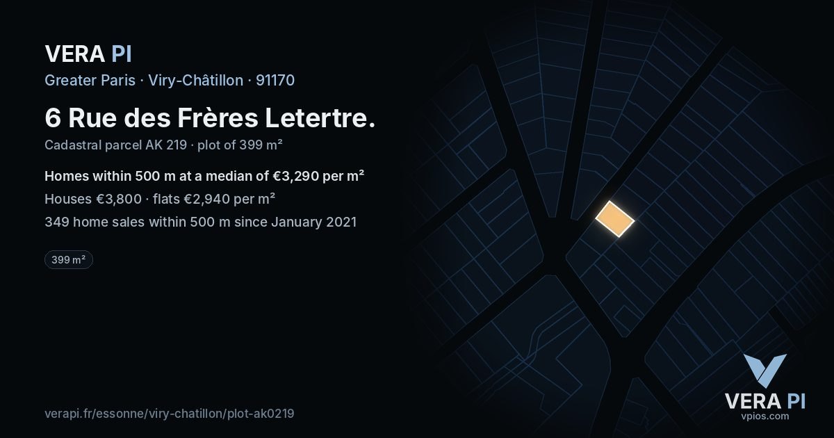 6 Rue des Frères Letertre, Viry-Châtillon at night – the plot lit, the parcels around coloured by the prices near them