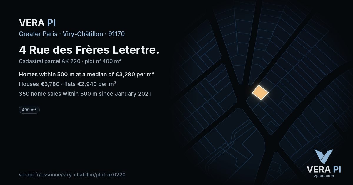 4 Rue des Frères Letertre, Viry-Châtillon at night – the plot lit, the parcels around coloured by the prices near them