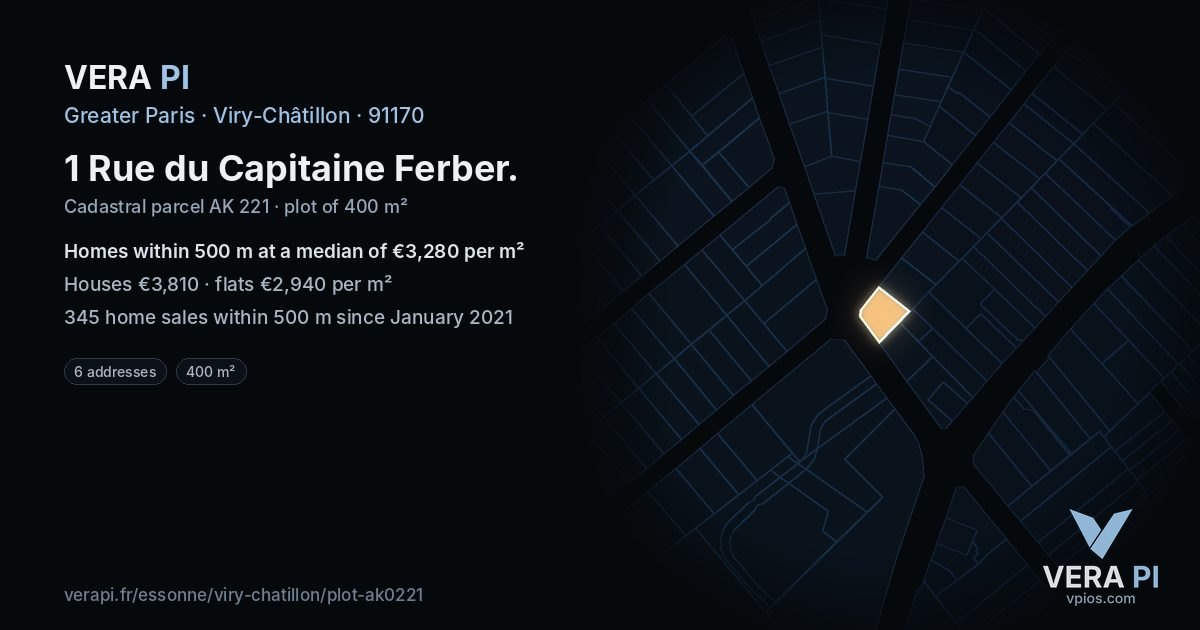 1 Rue du Capitaine Ferber, Viry-Châtillon at night – the plot lit, the parcels around coloured by the prices near them