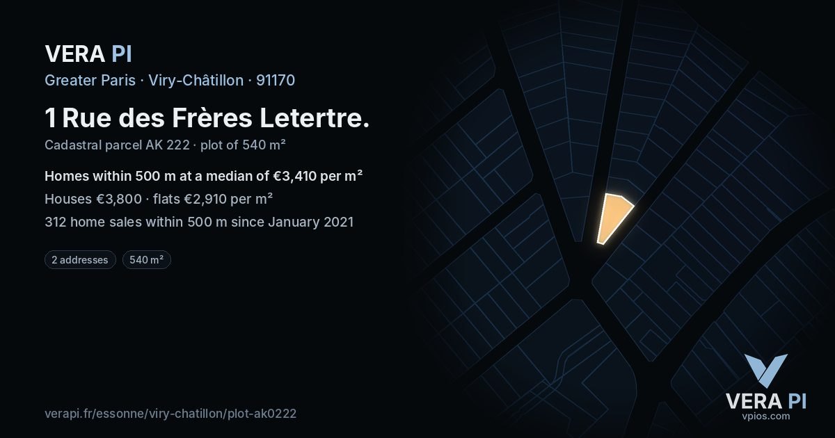 1 Rue des Frères Letertre, Viry-Châtillon at night – the plot lit, the parcels around coloured by the prices near them