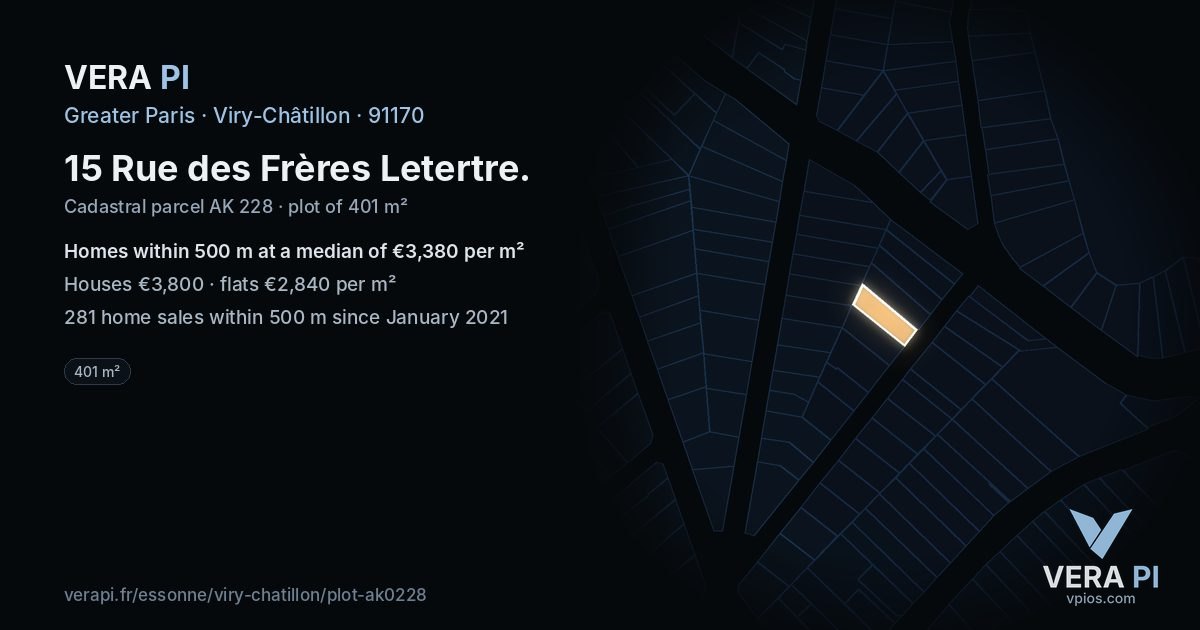 15 Rue des Frères Letertre, Viry-Châtillon at night – the plot lit, the parcels around coloured by the prices near them