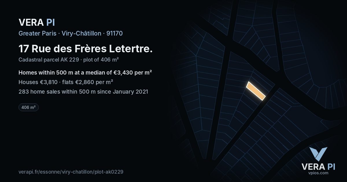 17 Rue des Frères Letertre, Viry-Châtillon at night – the plot lit, the parcels around coloured by the prices near them