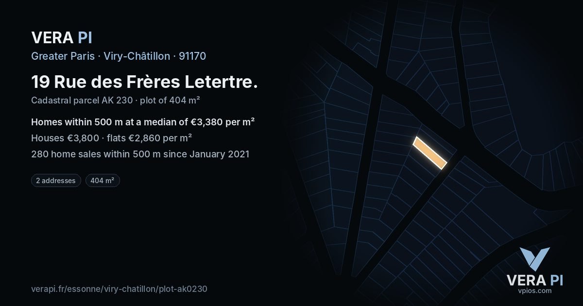 19 Rue des Frères Letertre, Viry-Châtillon at night – the plot lit, the parcels around coloured by the prices near them