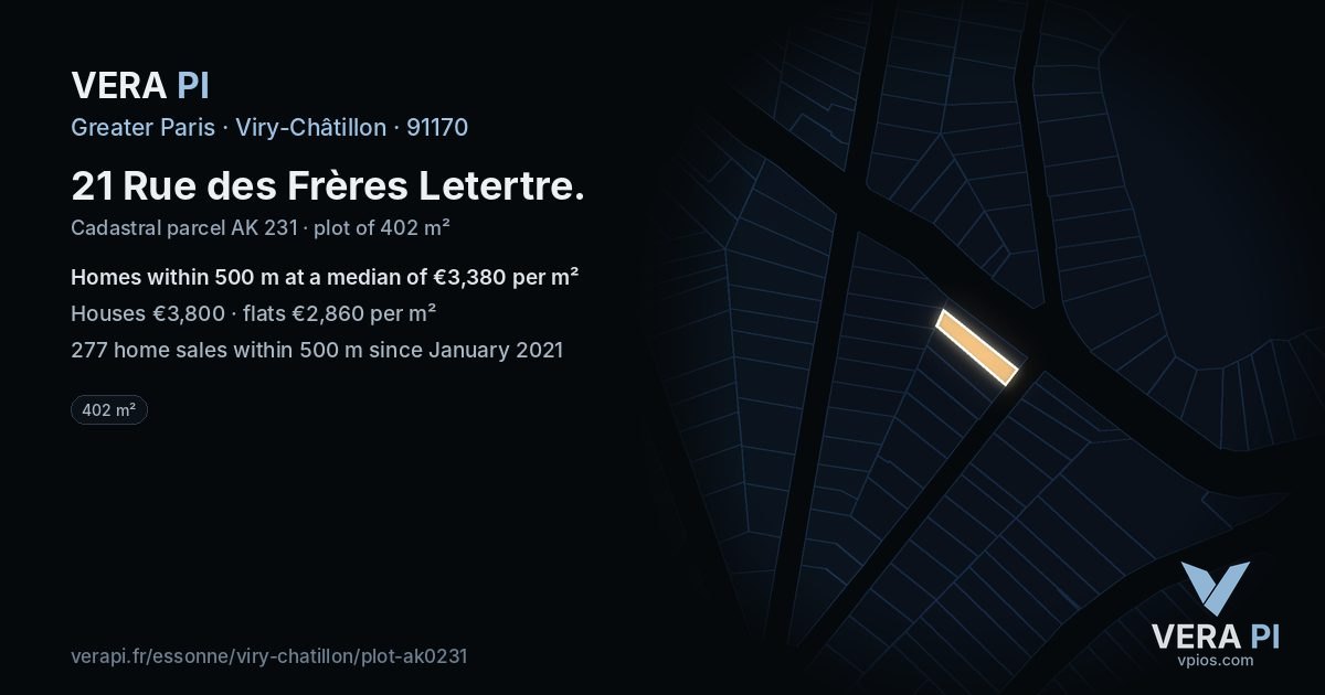 21 Rue des Frères Letertre, Viry-Châtillon at night – the plot lit, the parcels around coloured by the prices near them
