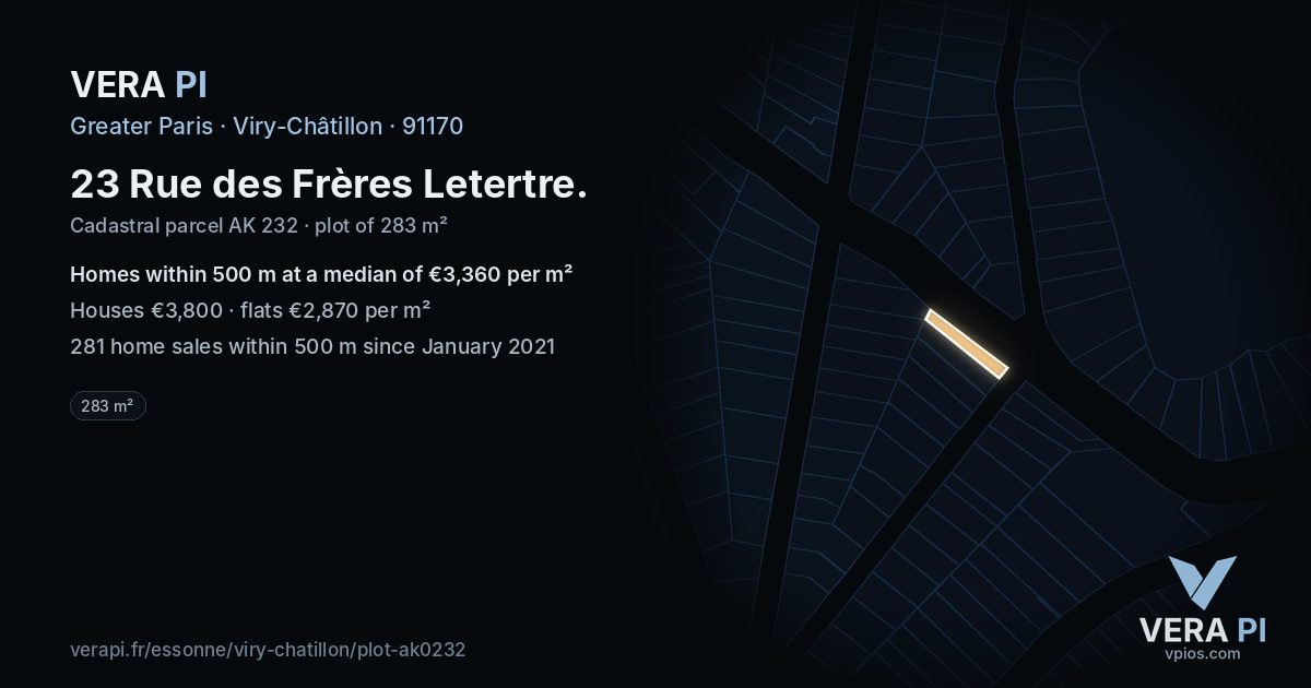 23 Rue des Frères Letertre, Viry-Châtillon at night – the plot lit, the parcels around coloured by the prices near them