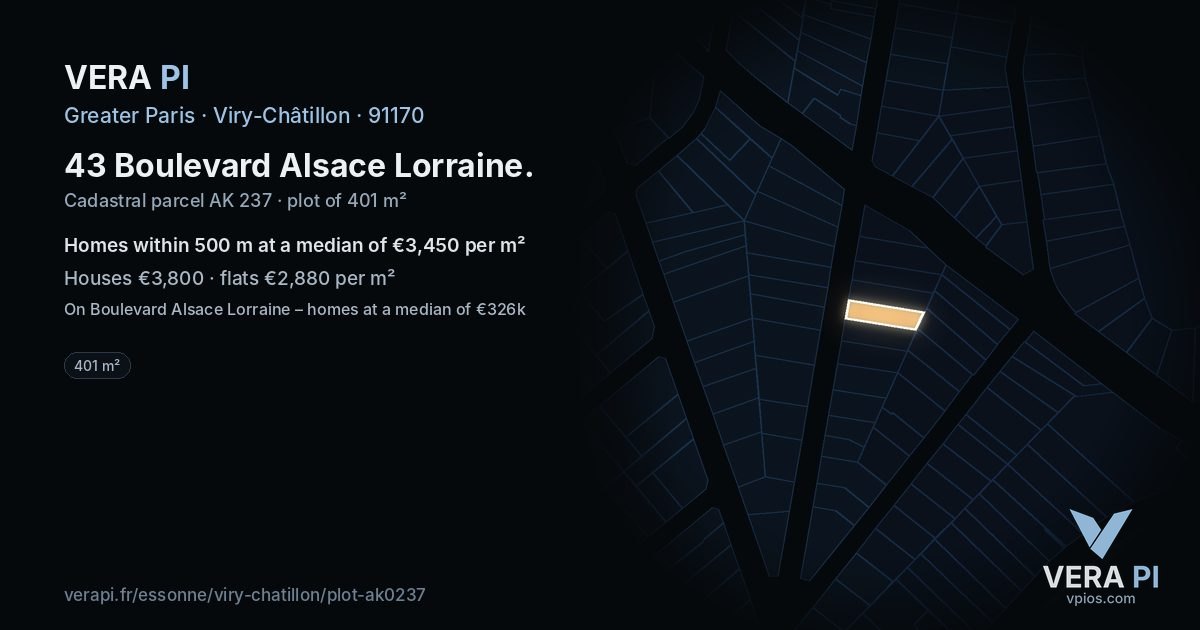 43 Boulevard Alsace Lorraine, Viry-Châtillon at night – the plot lit, the parcels around coloured by the prices near them