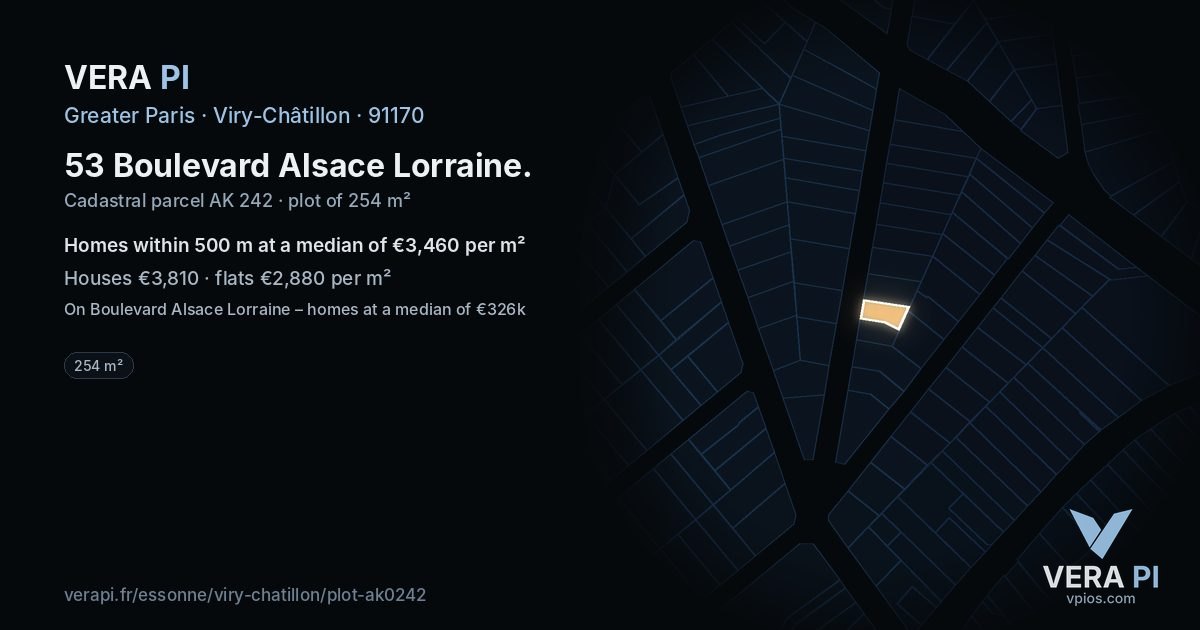 53 Boulevard Alsace Lorraine, Viry-Châtillon at night – the plot lit, the parcels around coloured by the prices near them