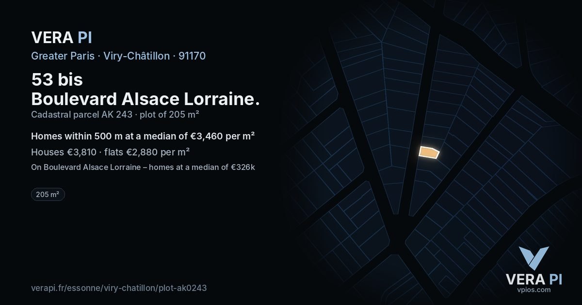 53 bis Boulevard Alsace Lorraine, Viry-Châtillon at night – the plot lit, the parcels around coloured by the prices near them
