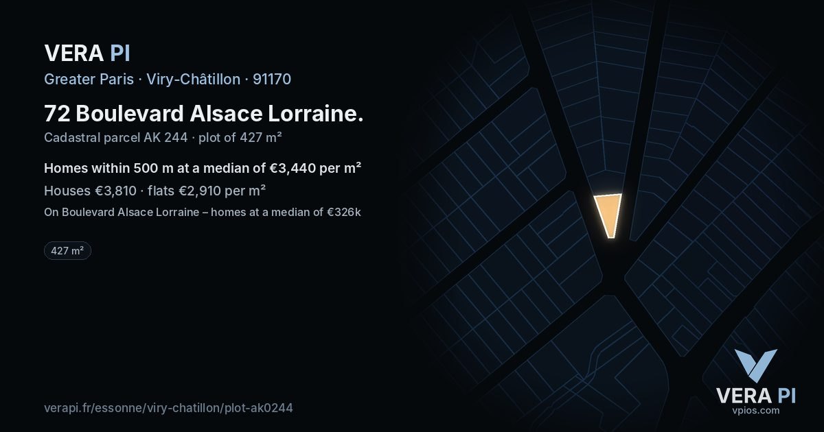 72 Boulevard Alsace Lorraine, Viry-Châtillon at night – the plot lit, the parcels around coloured by the prices near them