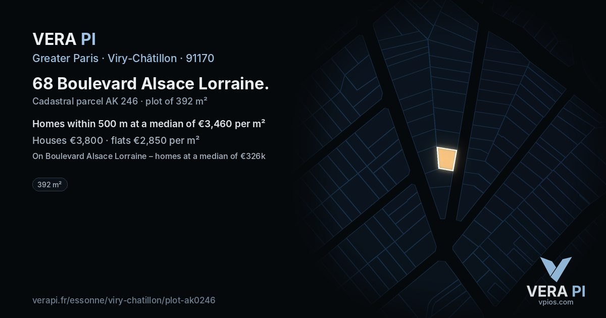 68 Boulevard Alsace Lorraine, Viry-Châtillon at night – the plot lit, the parcels around coloured by the prices near them