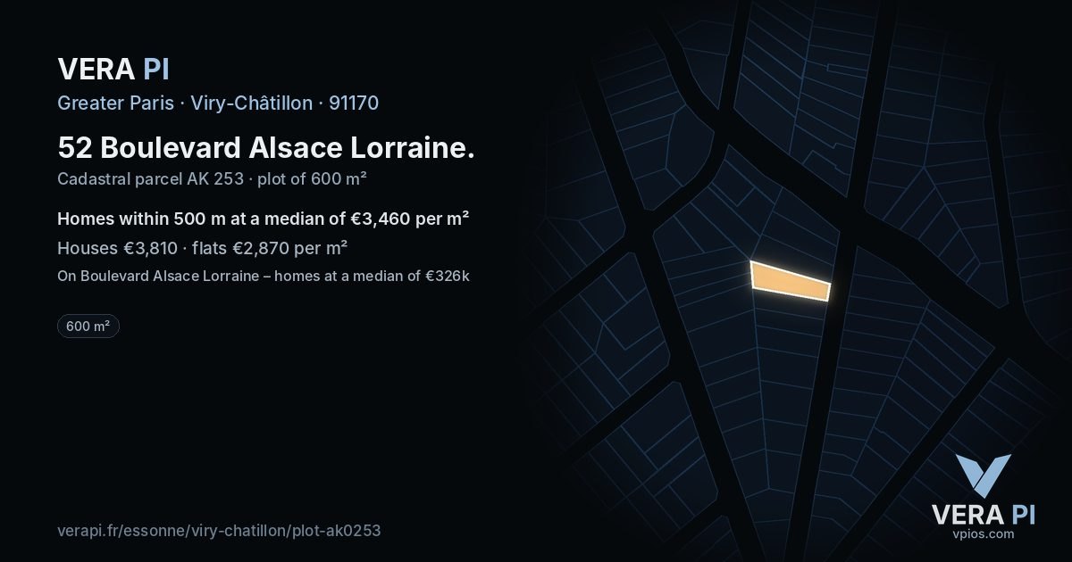 52 Boulevard Alsace Lorraine, Viry-Châtillon at night – the plot lit, the parcels around coloured by the prices near them
