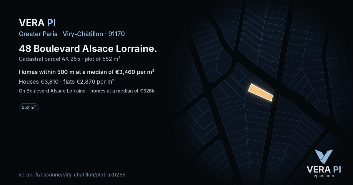 48 Boulevard Alsace Lorraine, Viry-Châtillon at night – the plot lit, the parcels around coloured by the prices near them