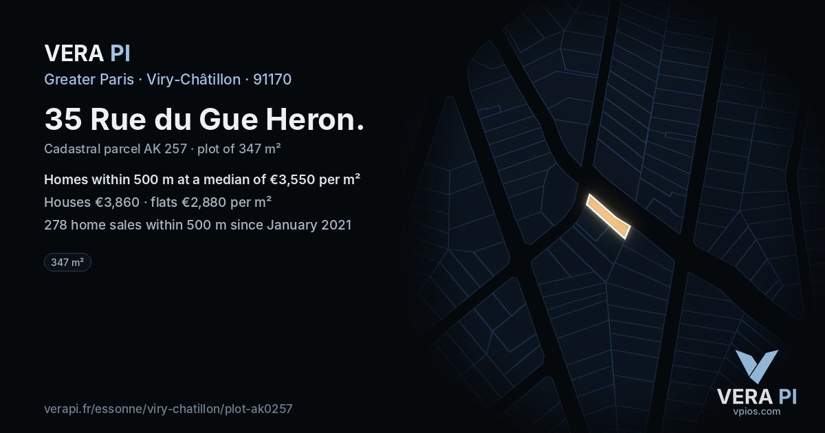 35 Rue du Gue Heron, Viry-Châtillon at night – the plot lit, the parcels around coloured by the prices near them
