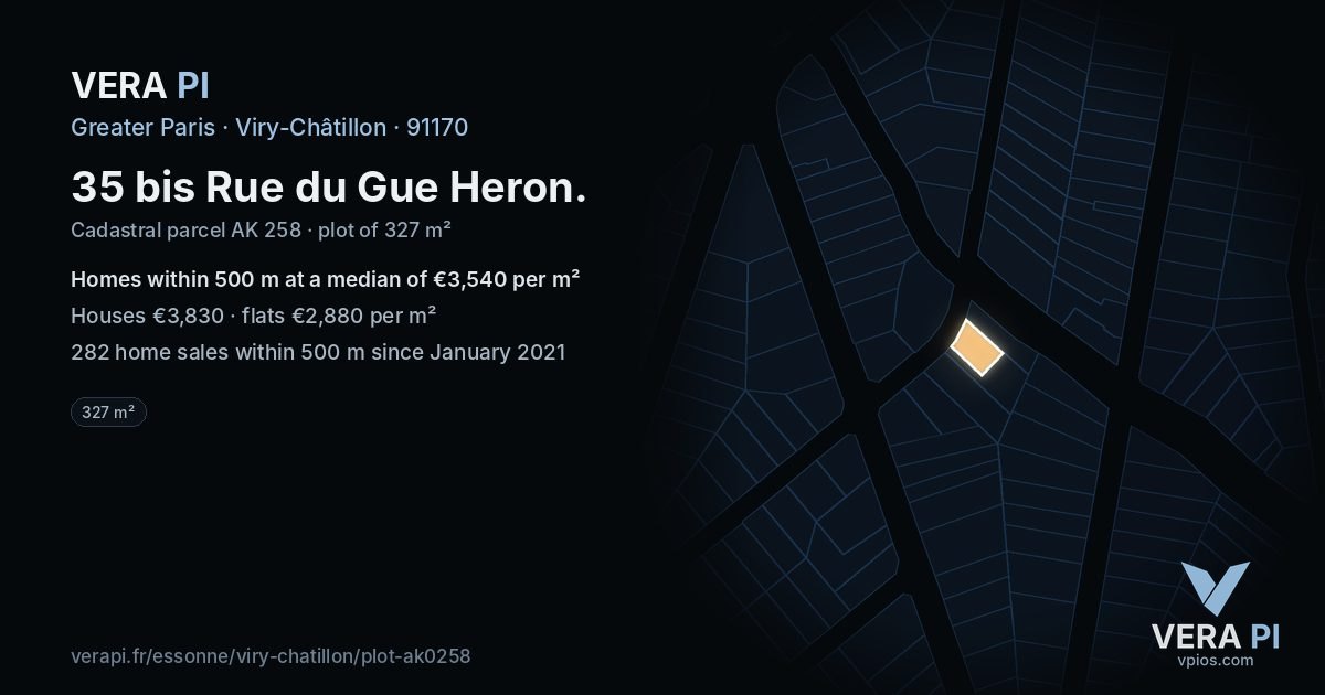 35 bis Rue du Gue Heron, Viry-Châtillon at night – the plot lit, the parcels around coloured by the prices near them