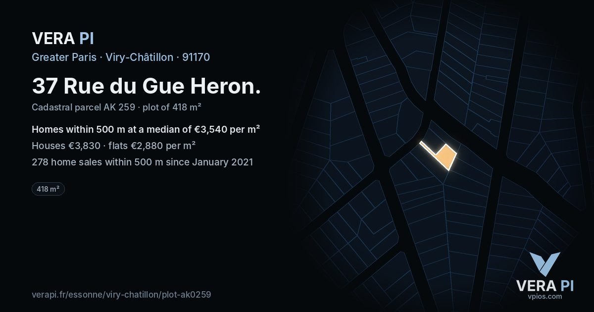 37 Rue du Gue Heron, Viry-Châtillon at night – the plot lit, the parcels around coloured by the prices near them