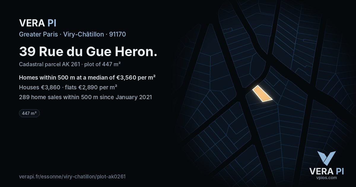 39 Rue du Gue Heron, Viry-Châtillon at night – the plot lit, the parcels around coloured by the prices near them