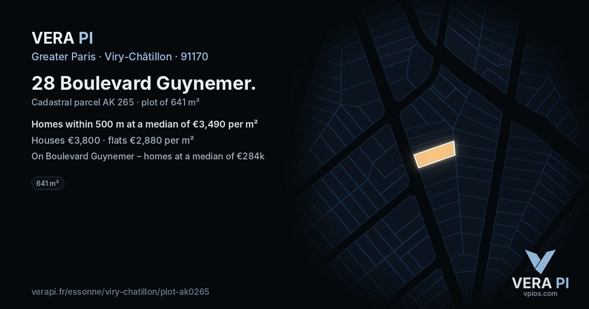 28 Boulevard Guynemer, Viry-Châtillon at night – the plot lit, the parcels around coloured by the prices near them