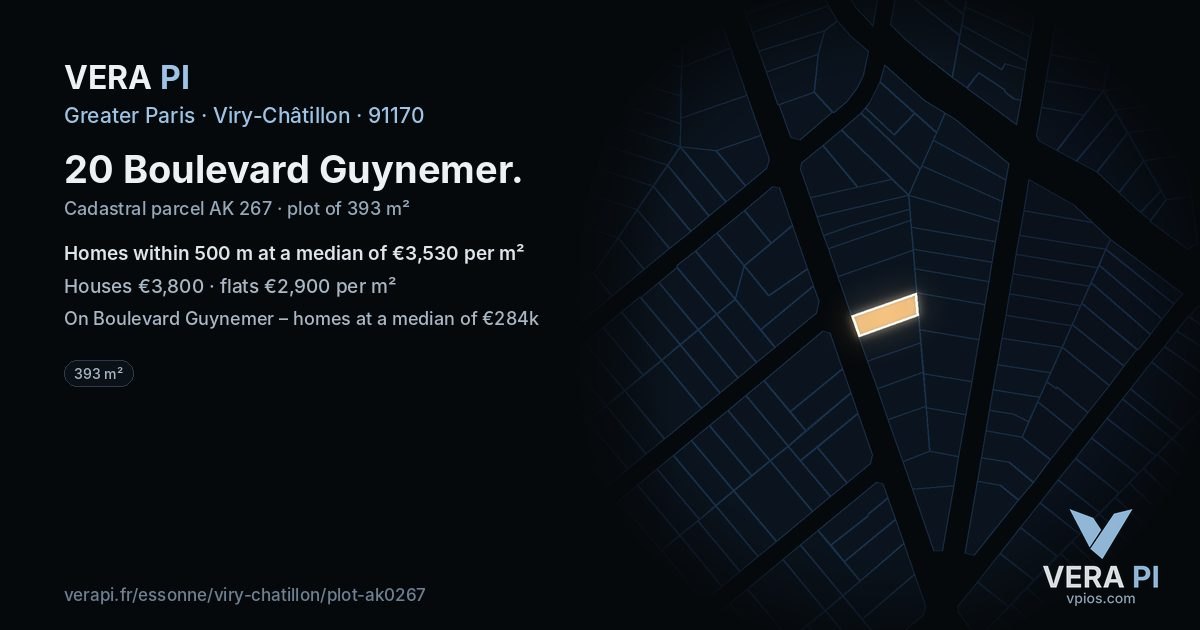 20 Boulevard Guynemer, Viry-Châtillon at night – the plot lit, the parcels around coloured by the prices near them