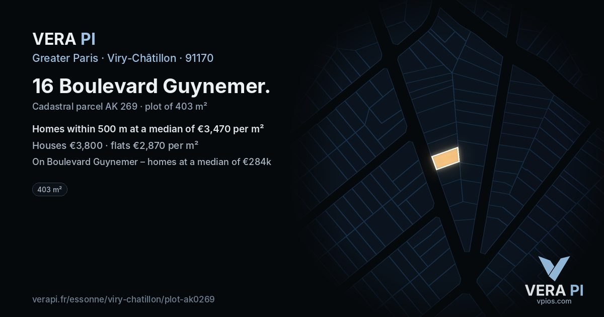 16 Boulevard Guynemer, Viry-Châtillon at night – the plot lit, the parcels around coloured by the prices near them