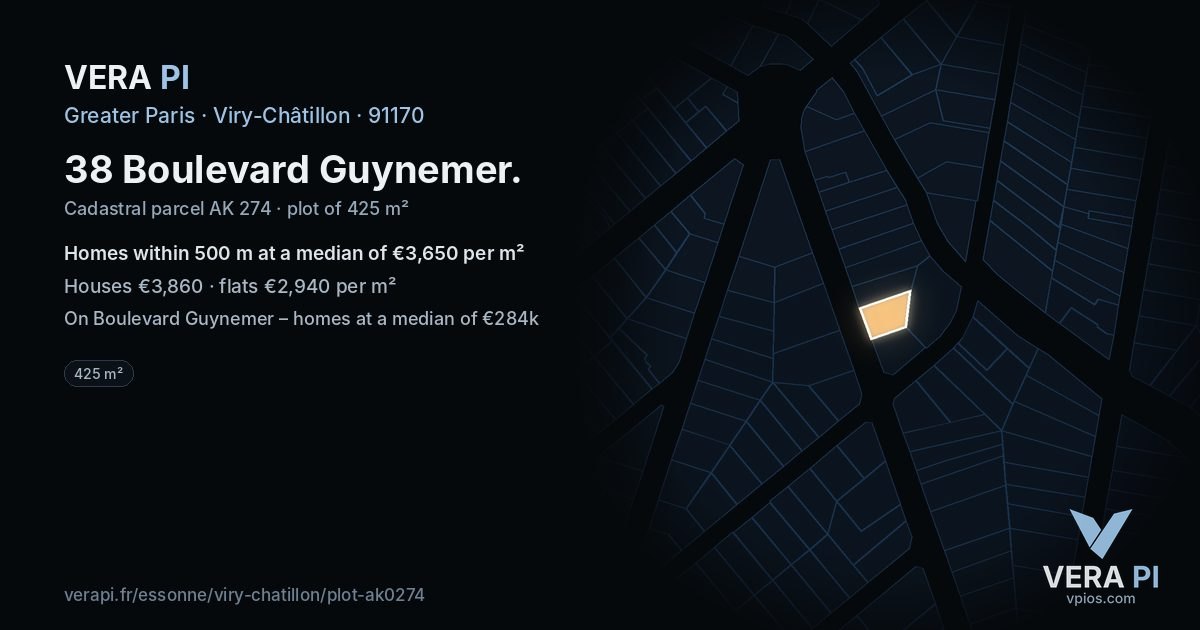 38 Boulevard Guynemer, Viry-Châtillon at night – the plot lit, the parcels around coloured by the prices near them