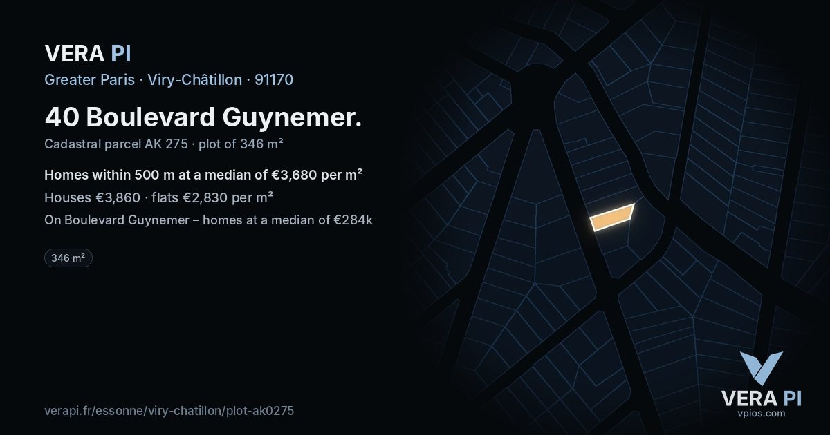 40 Boulevard Guynemer, Viry-Châtillon at night – the plot lit, the parcels around coloured by the prices near them