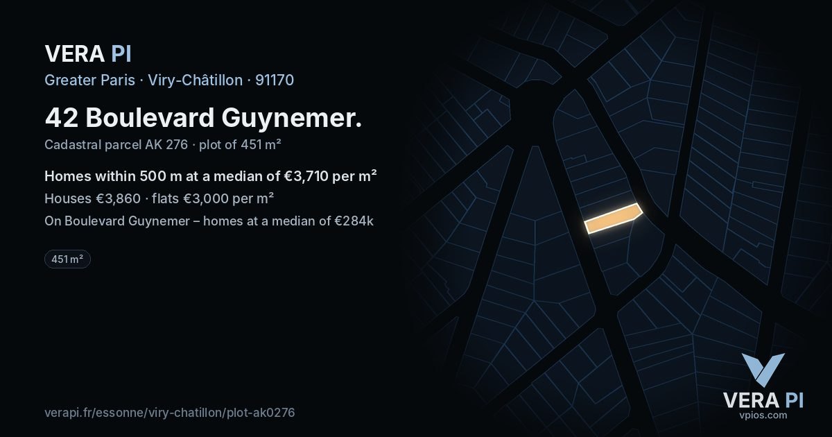 42 Boulevard Guynemer, Viry-Châtillon at night – the plot lit, the parcels around coloured by the prices near them