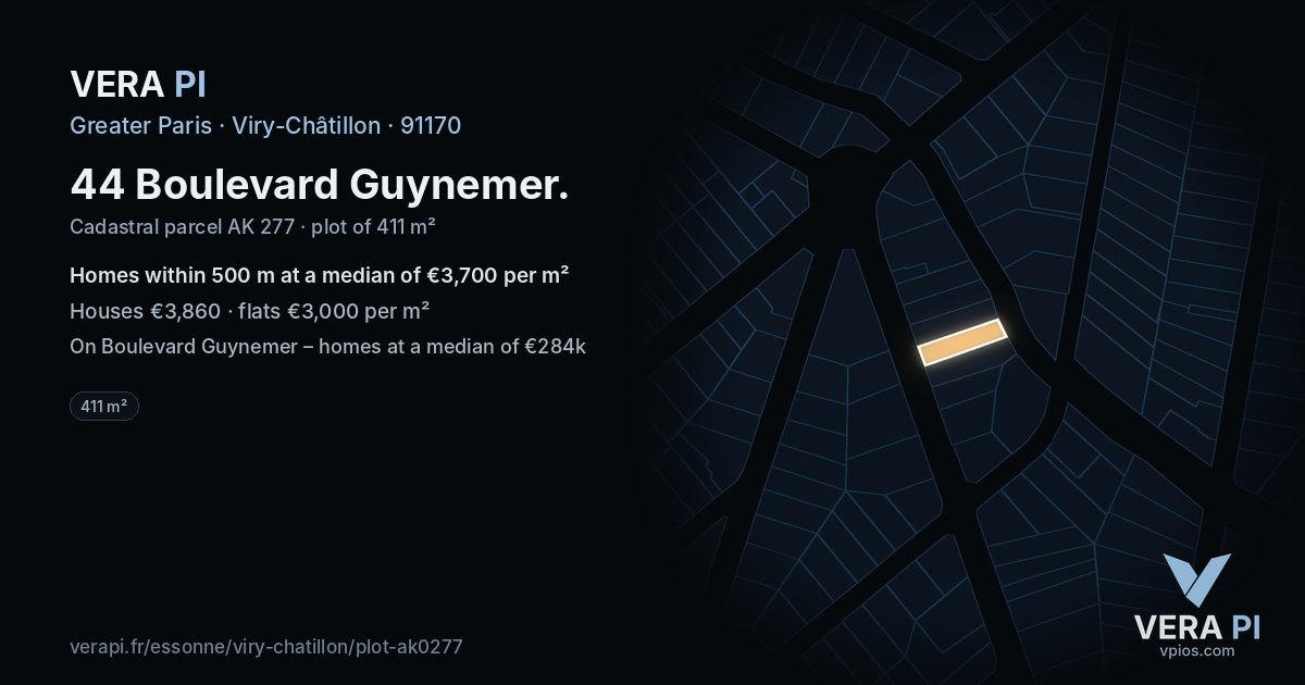 44 Boulevard Guynemer, Viry-Châtillon at night – the plot lit, the parcels around coloured by the prices near them