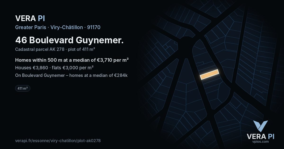 46 Boulevard Guynemer, Viry-Châtillon at night – the plot lit, the parcels around coloured by the prices near them