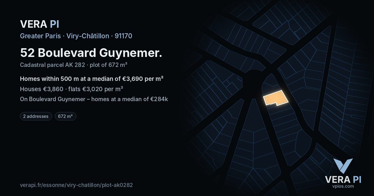 52 Boulevard Guynemer, Viry-Châtillon at night – the plot lit, the parcels around coloured by the prices near them