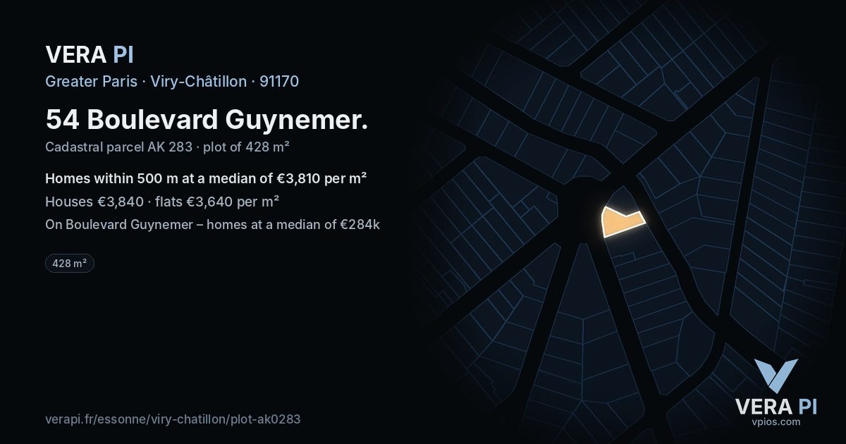54 Boulevard Guynemer, Viry-Châtillon at night – the plot lit, the parcels around coloured by the prices near them