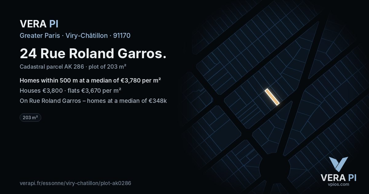 24 Rue Roland Garros, Viry-Châtillon at night – the plot lit, the parcels around coloured by the prices near them