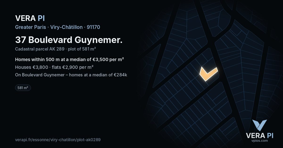 37 Boulevard Guynemer, Viry-Châtillon at night – the plot lit, the parcels around coloured by the prices near them