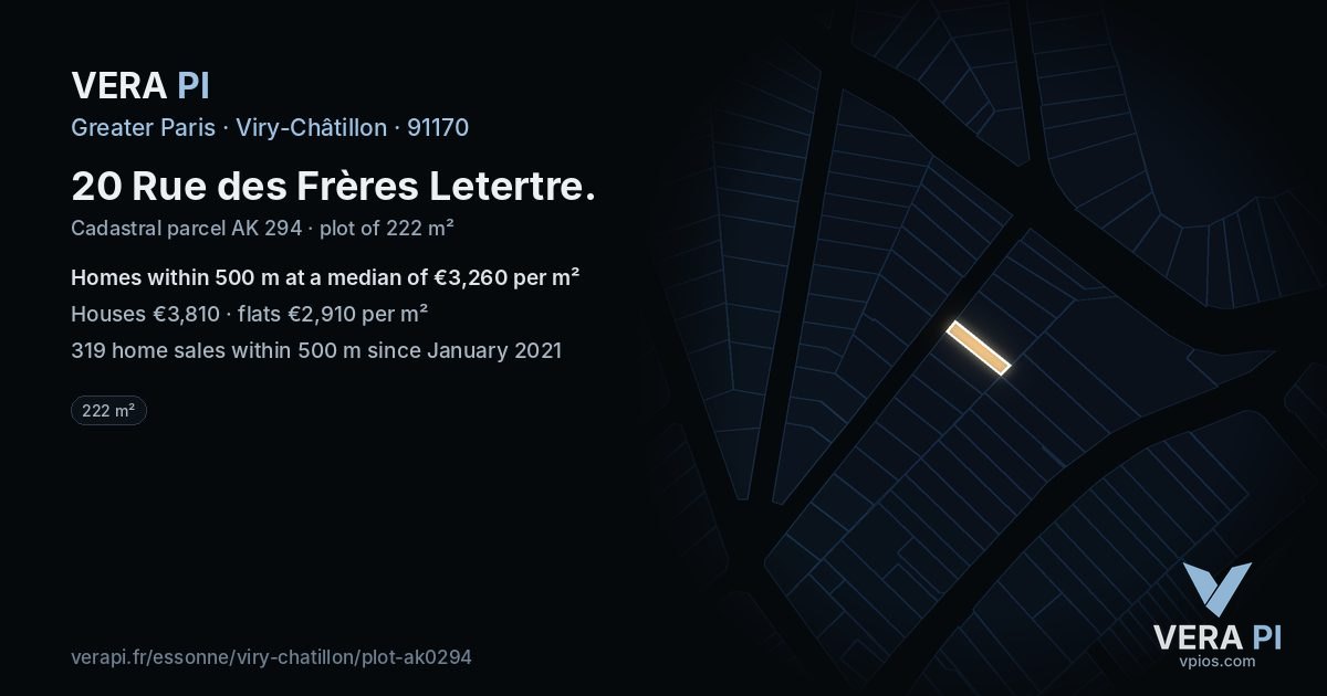20 Rue des Frères Letertre, Viry-Châtillon at night – the plot lit, the parcels around coloured by the prices near them