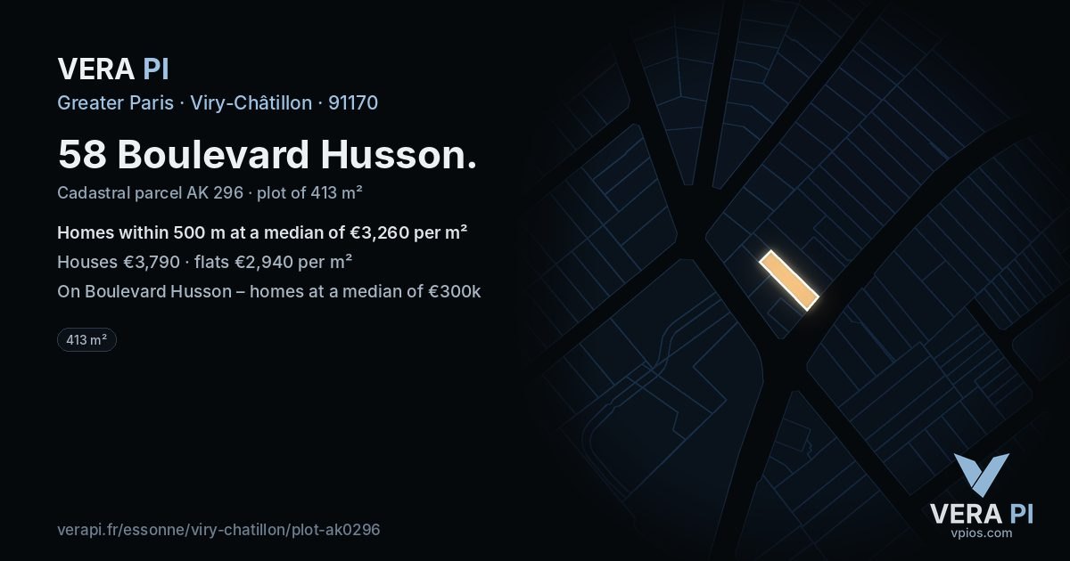 58 Boulevard Husson, Viry-Châtillon at night – the plot lit, the parcels around coloured by the prices near them