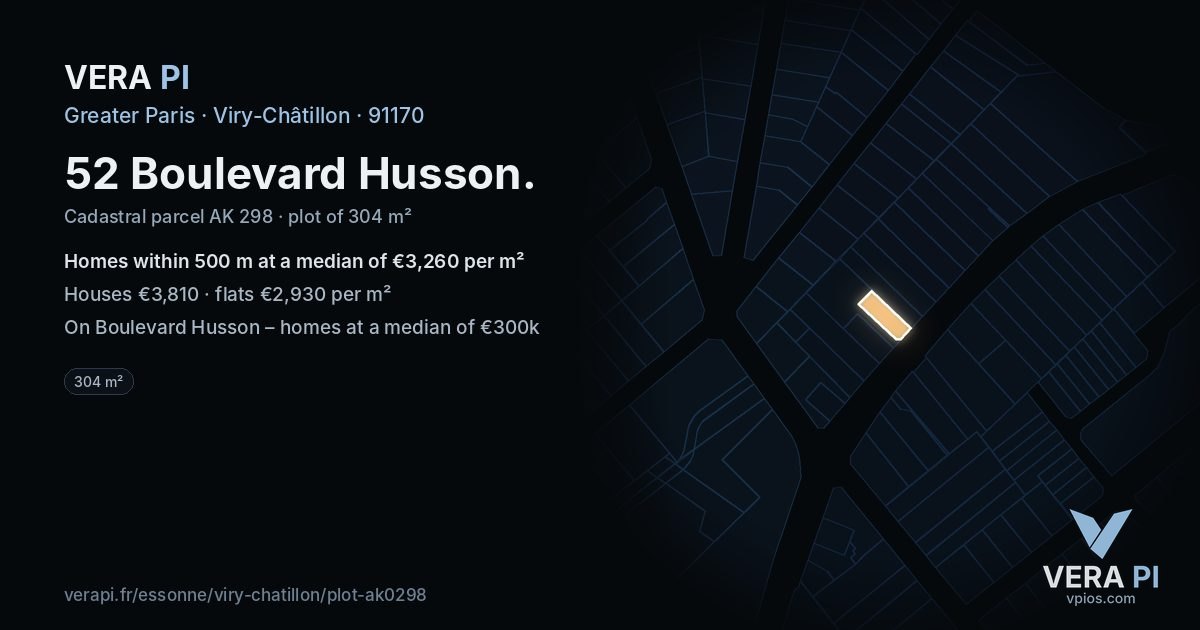 52 Boulevard Husson, Viry-Châtillon at night – the plot lit, the parcels around coloured by the prices near them