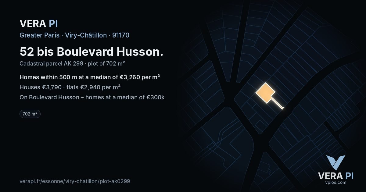 52 bis Boulevard Husson, Viry-Châtillon at night – the plot lit, the parcels around coloured by the prices near them