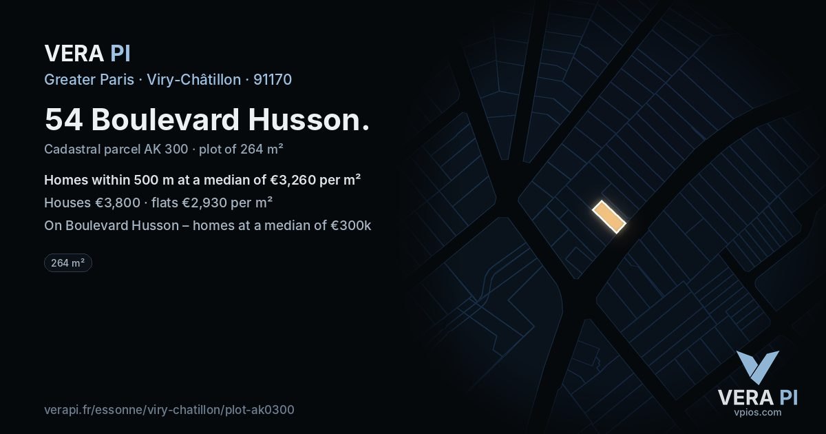 54 Boulevard Husson, Viry-Châtillon at night – the plot lit, the parcels around coloured by the prices near them