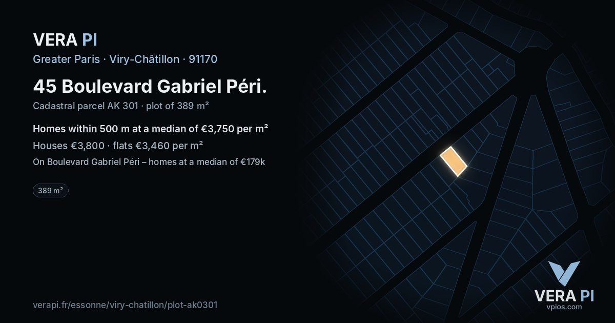 45 Boulevard Gabriel Péri, Viry-Châtillon at night – the plot lit, the parcels around coloured by the prices near them