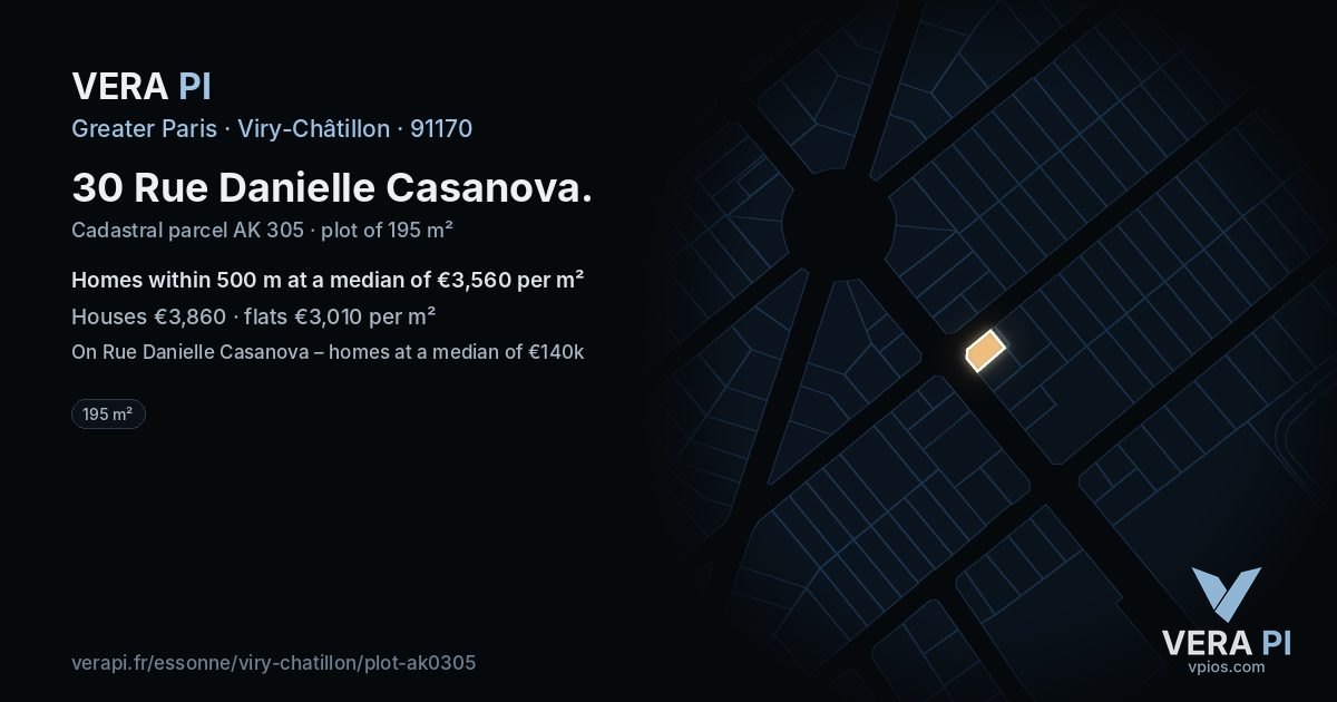 30 Rue Danielle Casanova, Viry-Châtillon at night – the plot lit, the parcels around coloured by the prices near them