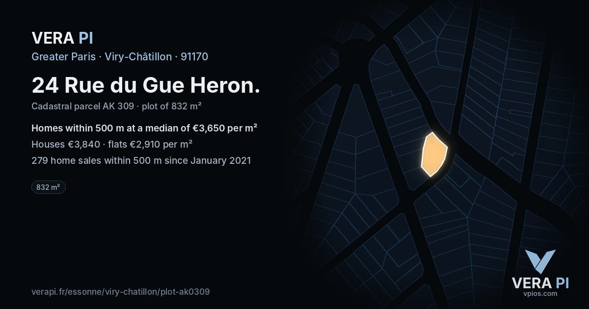 24 Rue du Gue Heron, Viry-Châtillon at night – the plot lit, the parcels around coloured by the prices near them