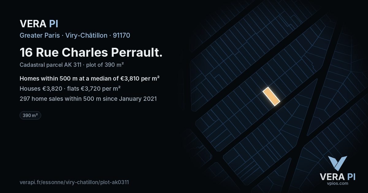 16 Rue Charles Perrault, Viry-Châtillon at night – the plot lit, the parcels around coloured by the prices near them