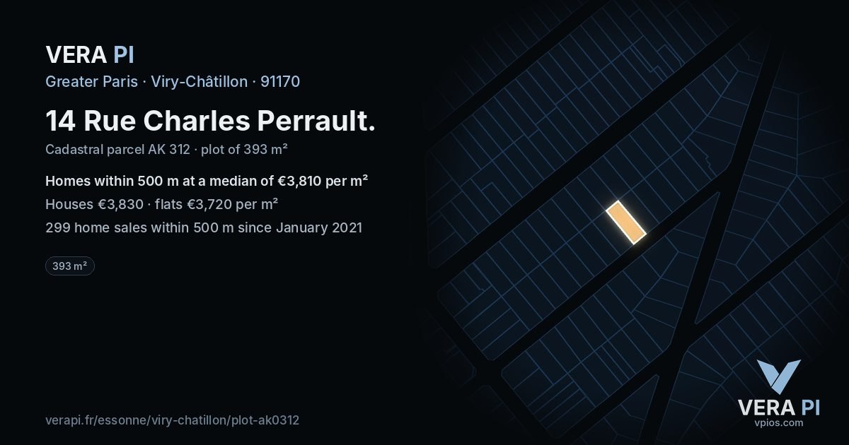 14 Rue Charles Perrault, Viry-Châtillon at night – the plot lit, the parcels around coloured by the prices near them