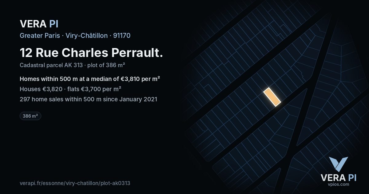 12 Rue Charles Perrault, Viry-Châtillon at night – the plot lit, the parcels around coloured by the prices near them