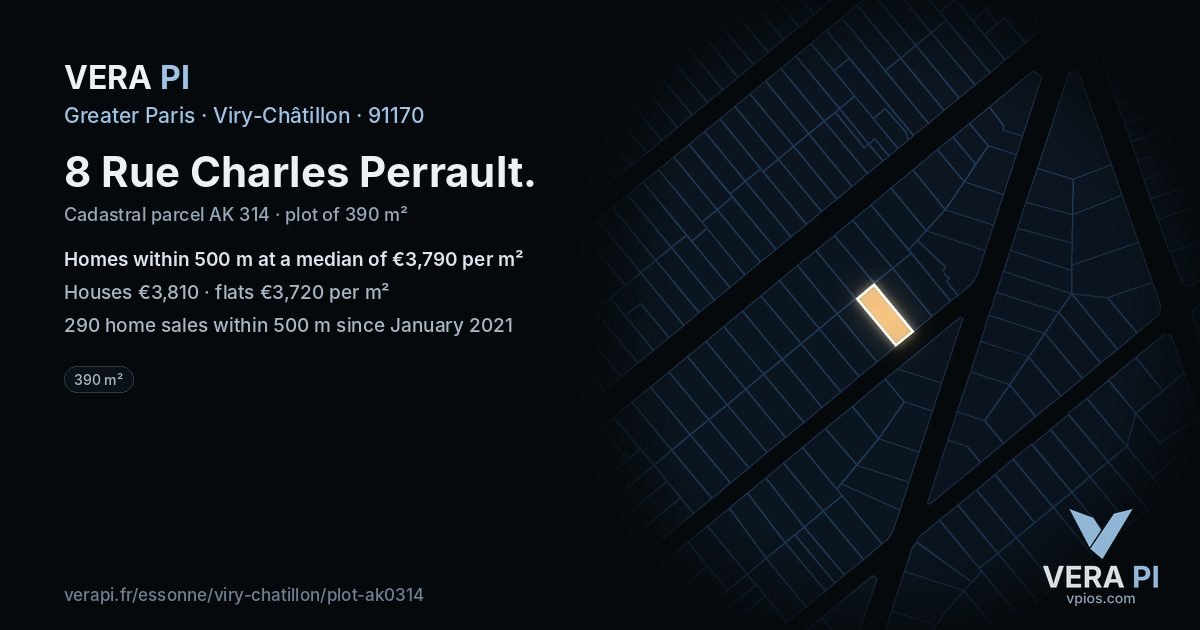 8 Rue Charles Perrault, Viry-Châtillon at night – the plot lit, the parcels around coloured by the prices near them