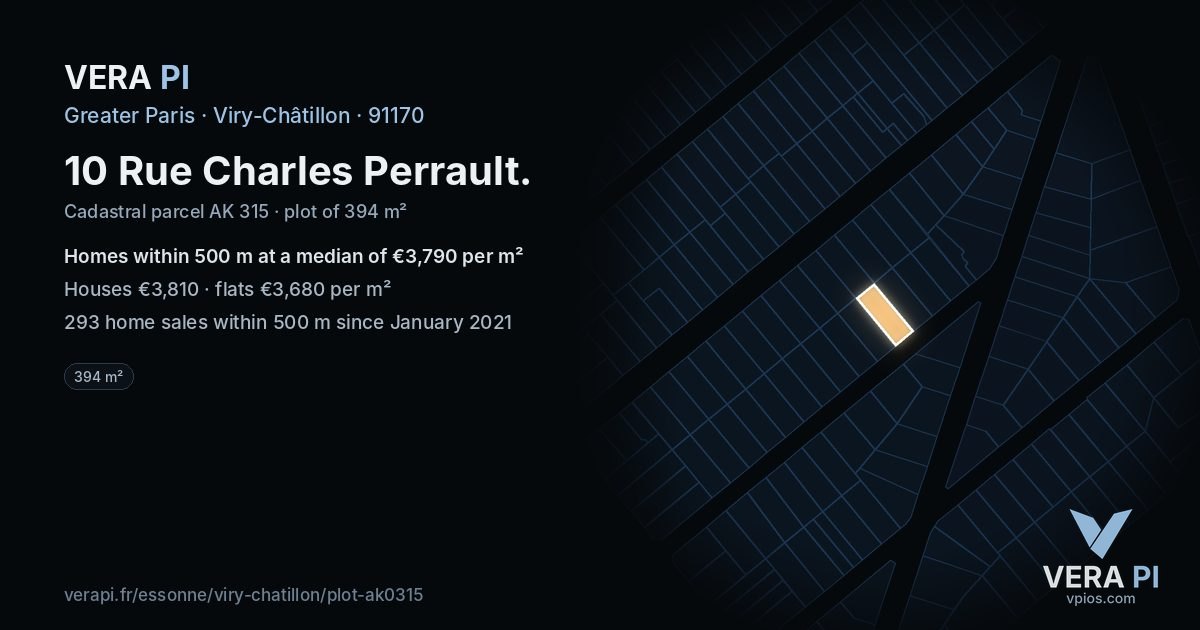 10 Rue Charles Perrault, Viry-Châtillon at night – the plot lit, the parcels around coloured by the prices near them