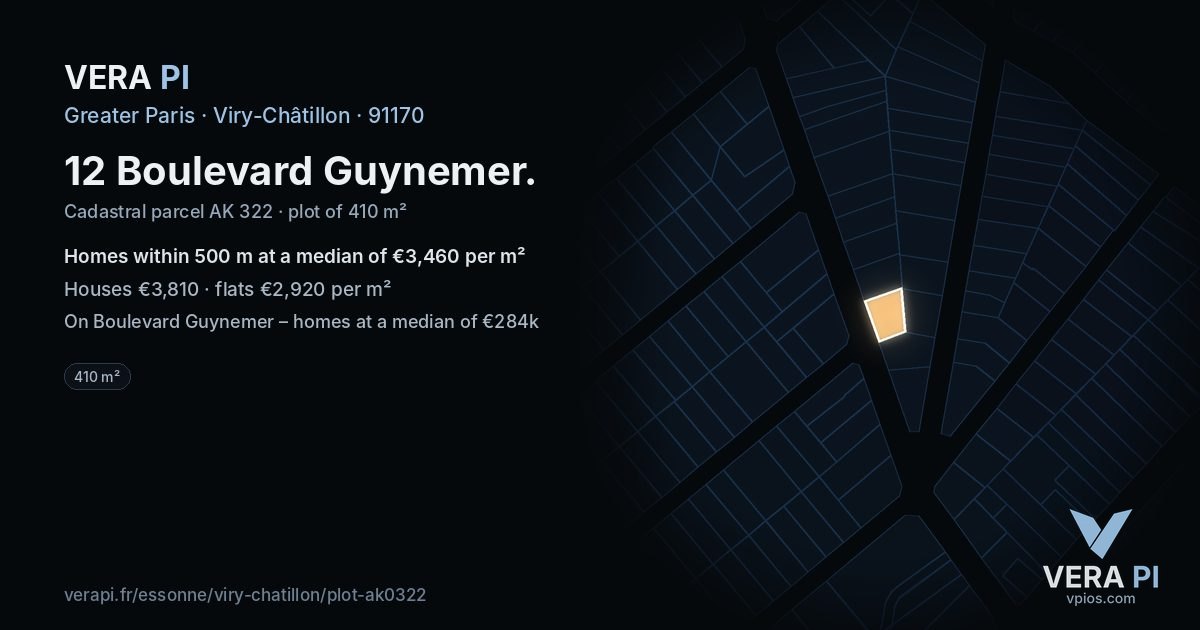 12 Boulevard Guynemer, Viry-Châtillon at night – the plot lit, the parcels around coloured by the prices near them