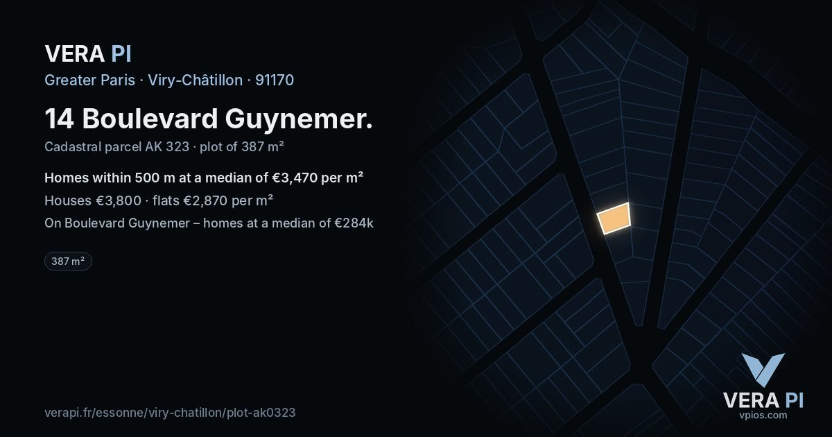 14 Boulevard Guynemer, Viry-Châtillon at night – the plot lit, the parcels around coloured by the prices near them
