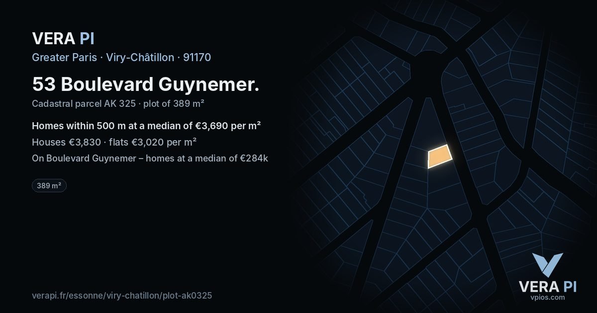 53 Boulevard Guynemer, Viry-Châtillon at night – the plot lit, the parcels around coloured by the prices near them